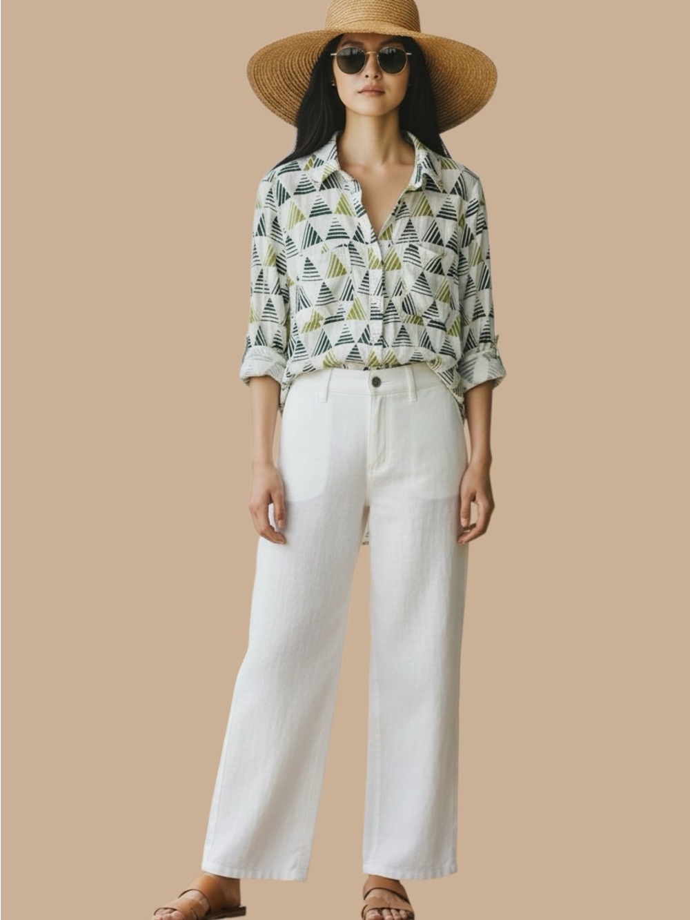 Anthropologie RO & DE White Blouse with Olive Geometric Print M